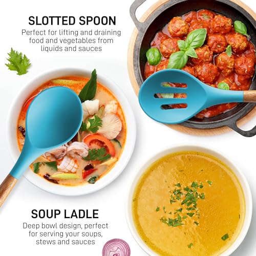Zulay Kitchen 5 Piece Silicone Utensil Set | Non-Stick Silicone Cooking Utensils Set with Acacia Wood Handles - 464°F Heat Resistance Kitchen Utensils Set - Blue - color: Blue, size: 5-Piece Set