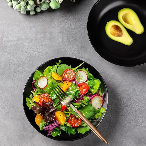AmorArc 8.5 Inch Stoneware Pasta Bowls of 4, 32oz Large Bowls Set | Matte Black Wide Bowls for Kitchen Pasta,Salad,Oatmeal, Microwave&Dishwasher Safe - size: Set of 4