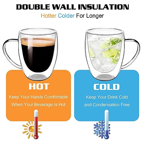 Clear Glass Double Wall Insulated Round Coffee Mugs Set of 6 Pieces - Medium Size 12oz Best Reusable Coffee Mug for Home Cafe Restaurant Perfect for Espresso Capucinno Lungo Latte Coffee - style: 12oz