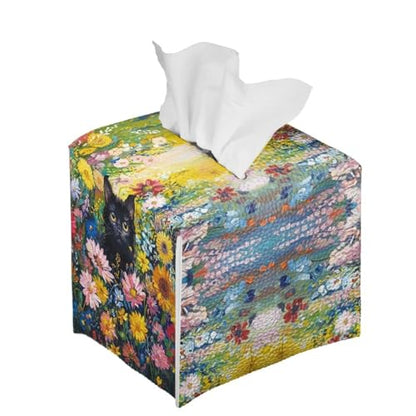 Cats Flowers Square Tissue Box Cover Facial Napkin Holder Easy to Use Dust-Proof Tissue Case for Living Room Office Bathroom - color: Cats Flowers