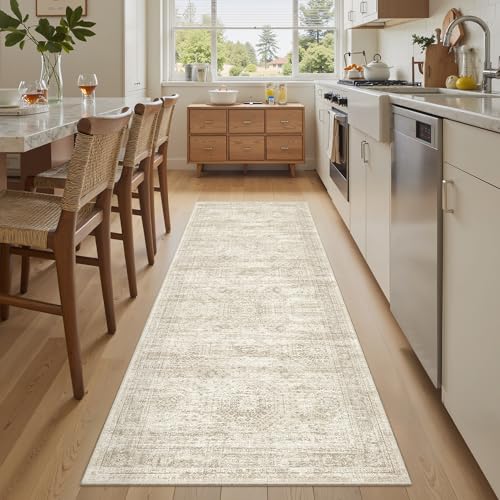 Soalmost Runner Rug 2x6 Washable Kitchen Hallway Runners Non-Slip Beige | Soft Low-Pile Rugs for Entry Bathroom Laundry Room, Vintage Foldable Floor Carpet Mat Entryway for Corridor Bedroom - color: Beige, size: 2' x 6' (Runner)