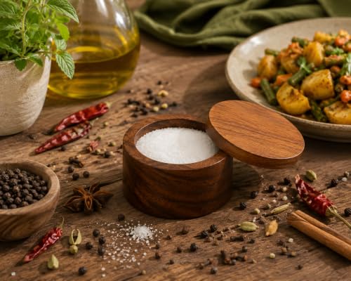 Acacia Wood Salt cellar bowl Box with Swivel Lid – Wooden Salt box for Kitchen Countertop, Salt Keeper for Cooking, Spices & Seasonings
