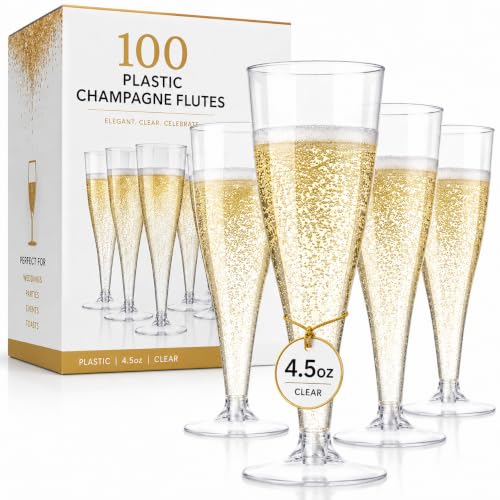 Prestee 100 Pack Clear Plastic Champagne Flutes - 4.5 oz Durable Disposable Champagne Glasses for Parties, Weddings, Toasting and Large Celebrations - Elegant Wine Glasses Stemware for Easy Cleanup - color: Clear, size: 100 Count (Pack of 1)