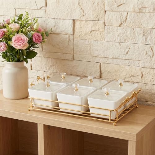YA JU Ceramic Bowls and with Lid Gold Basket Trays, 6 Removable Small Bowls Condiment Trays Nut Serving Set for Snacks, Fruits, Candy and Condiments -Great for Parties, Holiday Gifts, White - color: White 6 Removable snack Bowls