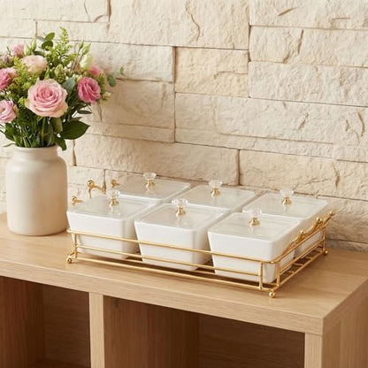YA JU Ceramic Bowls and with Lid Gold Basket Trays, 6 Removable Small Bowls Condiment Trays Nut Serving Set for Snacks, Fruits, Candy and Condiments -Great for Parties, Holiday Gifts, White - color: White 6 Removable snack Bowls