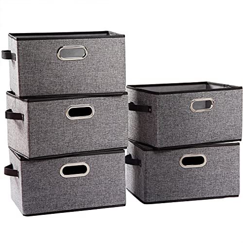 Fodable Storage Baskets for Closet [5-Pack] Decorative Fabric Storage Bins Cubes with Leather/Metal Handles for Shelves Bedroom Living Room Grey (11.5x8.5x6.7 Inch) - color: Grey&black Trim, size: Medium(5-Pack)