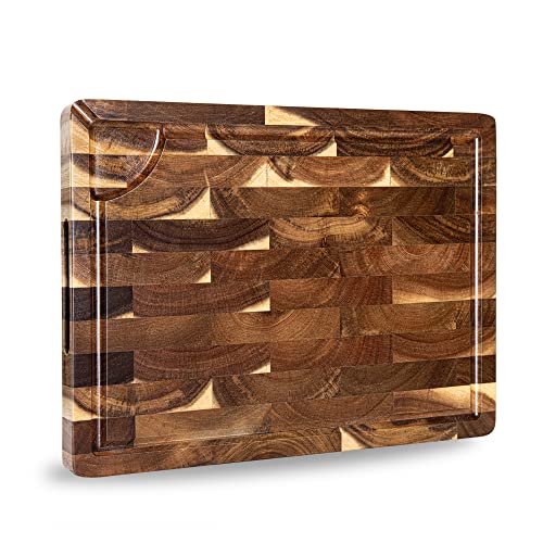 End Grain Butcher Block 15"x11", Premium Acacia Wood Cutting Board with Juice Groove, TJ POP Medium Chopping Board for Kitchen, 1.2" Thick - color: End grain-rectangle
