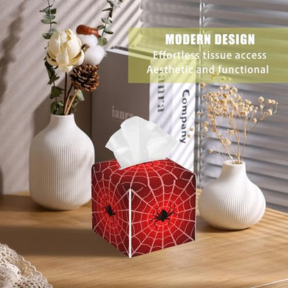 Spider Web Tissue Box Cover Square, Tissue Box Holder with Bottom Belt Leather Facial Paper Organizer Dispenser for Bathroom Bedroom Dresser Night Stand Tabletop - color: Spider Web