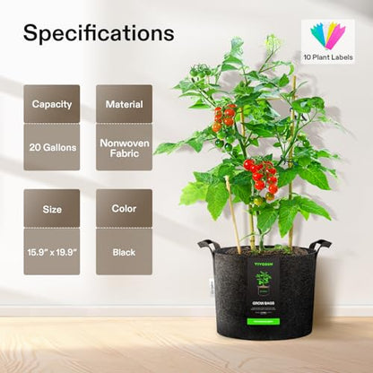 VIVOSUN 5-Pack 20 Gallon Plant Grow Bags Fabric Pots with Handles | 300G Thickened Nonwoven Fabric, Excellent Drainage, Healthy Root Growth, BPA-Free, Reusable - color: Black, size: 20 Gallons