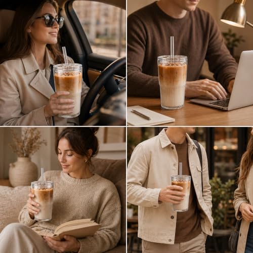 Haundry Ribbed Glass Cups with Lids and Straws (2 Pack), 16oz Iced Coffee Glass Tumbler, Leak Proof Coffee Cup To Go, Reusable Drinking Glasses for Iced Coffee, Smoothie, Juice - color: 16oz-2pcs