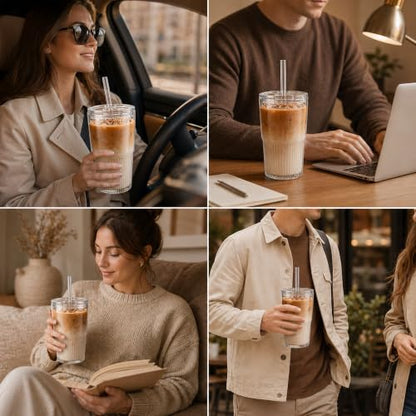 Haundry Ribbed Glass Cups with Lids and Straws (2 Pack), 16oz Iced Coffee Glass Tumbler, Leak Proof Coffee Cup To Go, Reusable Drinking Glasses for Iced Coffee, Smoothie, Juice - color: 16oz-2pcs