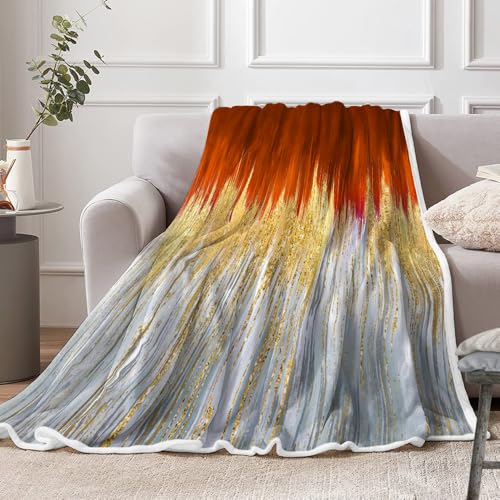 JAWO Orange Fleece Throw Blanket - Gold White Abstract Stripes Sherpa Throw for Boys Teens Decor - Geometric Plush Blanket - 60x90 - color: Orange-2, size: 60X90