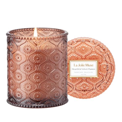 LA JOLIE MUSE Hearth & Velvet Flames Candle - Saffron, Clove, Vanilla | 6 oz Natural Soy Wax | 40 Hours Clean Burn | Elegant Home Décor | Gift-Ready for Hosts & Gatherings - color: Hearth & Velvet Flames