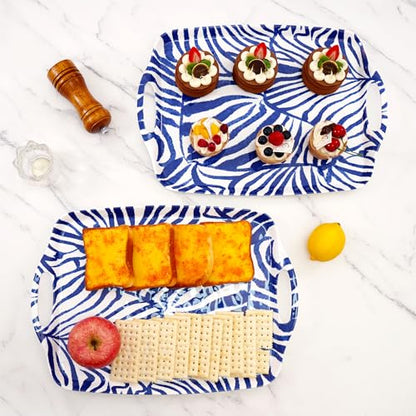 TP Serving Trays with Handles, 17 Inch Large Rectangular Melamine Serving Platter Set of 2, Blue & White - color: Blue&white, size: 17" x 12"