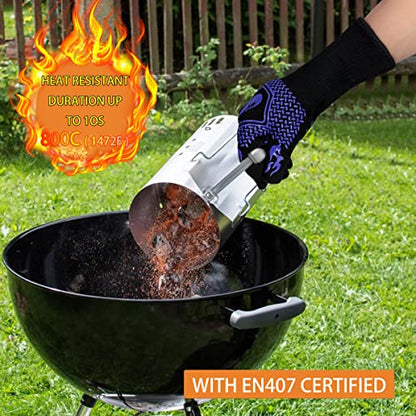 BBQ Gloves 1472F Heat Resistant Non-Slip Silicone 13.5in (Blue) | Grill Cut-Resistant, Oven Kitchen Safe for Barbecue, Cooking, Frying - color: Blue