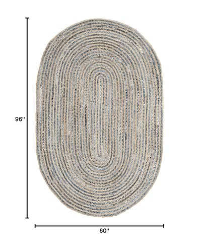 SAFAVIEH Cape Cod Collection Area Rug - 5' x 8' Oval, Natural & Blue, Handmade Flat Weave Jute, Ideal for High Traffic Areas in Living Room, Bedroom (CAP250A) - size: 5' x 8' (Oval)
