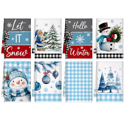 Fourluoo 8 Pcs Winter Kitchen Towels Snowman Hand Dish Towels Blue Buffalo Plaid Santa Claus Tea Cloths for Winter Holiday Kitchen Home Bathroom Decor Gifts - style: Snowman
