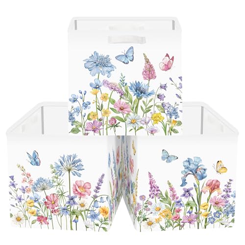 Clastyle 11.8" Flower Storage Basket Set of 3 for Kid Women Toy Clothes Bin | Collapsible Fabric Book Bin, Metal Frame Bottom Board, Cube Organizer, Closet Nursery Pantry Shelf Bedroom, Blue WildPlant - color: Blue Flowers