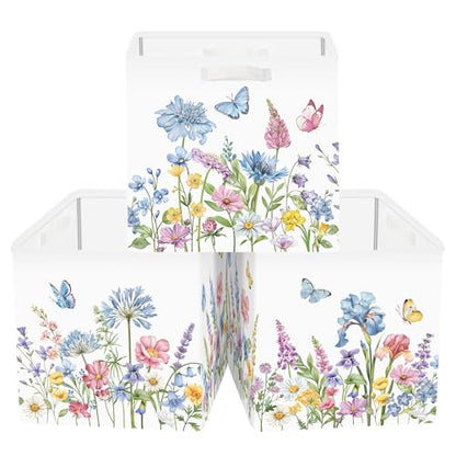 Clastyle 11.8" Flower Storage Basket Set of 3 for Kid Women Toy Clothes Bin | Collapsible Fabric Book Bin, Metal Frame Bottom Board, Cube Organizer, Closet Nursery Pantry Shelf Bedroom, Blue WildPlant - color: Blue Flowers