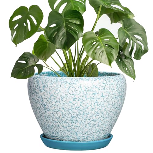Ceramic Plant Pots, 8 Inch, Crackle Blue | Indoor Plant Pots, Drainage Hole and Tray, Decorative Round Planters, For Outdoor Plants - color: Crackle Blue, size: 8 Inch