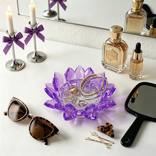 Crystal Flower Jewelry Tray, 1, 6.3" Purple | Transparent, For Rings, Earrings, Necklaces, Keys, Decorative Trinket Dish, For Vanity Dresser Nightstand - size: 6.3"(W)- Purple