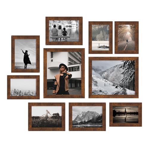 iRahmen Collage Picture Frames Set of 10, Wall Decor for Mounting or Tabletop Display, Family Photo Gallery Frame Set - Multi Sizes Including Two 8x10, Four 5x7, Four 4x6, HD Glass, Rustic Wood, Dark Brown - color: Dark Brown