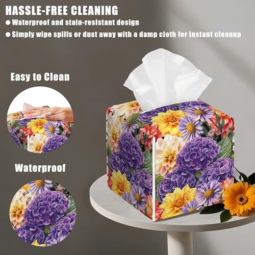Hydrangea and Dahlia Flower Tissue Box Cover Square, Daisy Tissue Box Holder with Bottom Belt Leather Facial Paper Organizer Dispenser for Bathroom Bedroom Dresser Night Stand Tabletop - color: Hydrangea and Dahlia Flower