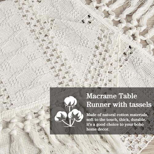 36" Boho Macrame Table Runner, Short Cream Coffee Runner, Nightstand - color: Beige, size: 36 inches