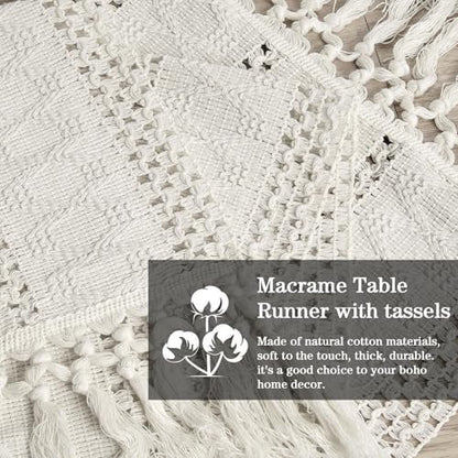 36" Boho Macrame Table Runner, Short Cream Coffee Runner, Nightstand - color: Beige, size: 36 inches