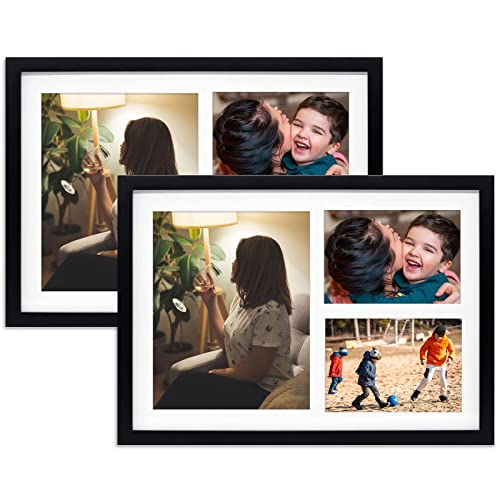 Golden State Art 12x17 Black Wood Picture Frame for 8x10 and 5x7 Photos | 3 Opening Picture Frame,White Mat included,Real Glass, Sawtooth Hanger - Wall Mounting - Great for Posters, Weddings(2 Pack) - color: Black&White Mat-2P, size: 1 8x10 And 2 5x7