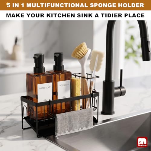GMISUN Dish Soap Dispenser, 12 Fl oz / 350 ml Dual Soap Dispenser with Sponge Holder, Customized Amber Glass Kitchen Soap Dispensers Set, Modern Hand and Dish Soap Dispensers Set Removable - color: Amber Bottle + Black Rack