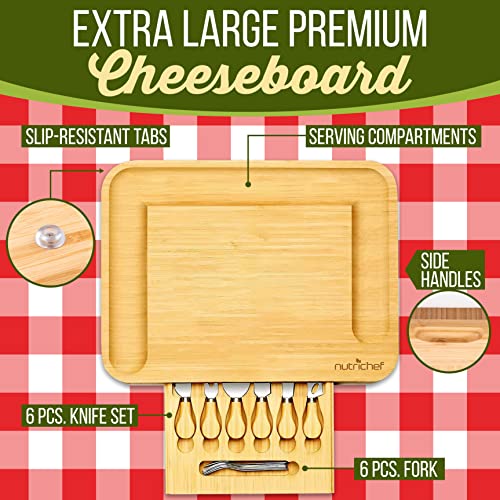 NutriChef Natural Bamboo Cheese Board Set with Bonus Condiment Cup-Extra Large Size 100% Home Organic Wooden Plate and Charcuterie Tray with 4 pcs Cutting Knife Slicer - style: Square with Gift Box