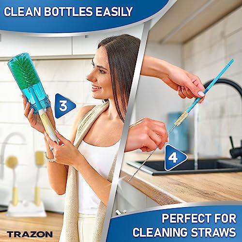 Dish Brush Set of 5 with Holder - Kitchen Scrub Brushes with Non-Slip Long Handle for Cleaning, Scrubber, Dishwashing, Dishes, Bottles, Straws, Cups, Pots & Sink, Baige - color: Baige