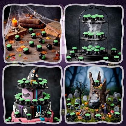 RoundFunny 50 Pcs Mini Black Cauldron Figurines Resin Witch Party Favors | Miniature Halloween Cauldron Pot with Potion, Hide and Seek, Trick or Treat, Micro Landscape Craft, Witches and Wizards Party - style: Witch Cauldron