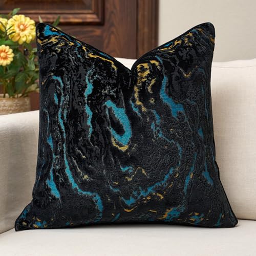 Throw Pillow Cover 18x18, Black Velvet Pillow Cover for Modern Decor | Neutral Patterned Decorative Accent for Couch Sofa Living Room Bedroom, Square Jacquard Cushion Cover with Luxury and Visual - color: Midnight Teal Gold, size: 18" x 18" (Pack of 1)