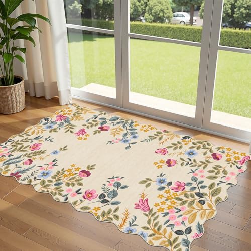 Colorful Floral Entry Rug - 3x5 Ft Washable Indoor Outdoor Front Door Mat Outside Entrance Front Porch Mat Non-Slip Boho Throw Rugs for Living Room Bedroom Entryway Kitchen Office Porch Decor - color: Floral - Beige, size: 3' x 5' (Rectangular)