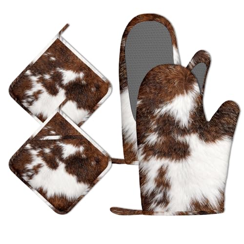 Cowhide Cow Print Oven Mitts and Pot Holders Sets of 4 PCS, Oven Gloves Potholder for Kitchen Cooking Baking BBQ Heat Resistant - color: Cowhide Cow Print
