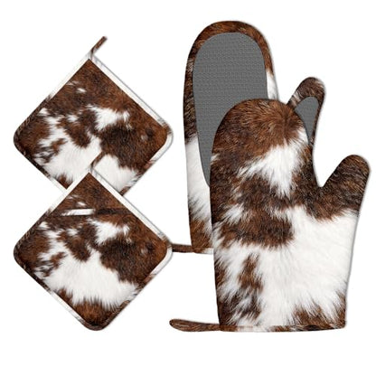 Cowhide Cow Print Oven Mitts and Pot Holders Sets of 4 PCS, Oven Gloves Potholder for Kitchen Cooking Baking BBQ Heat Resistant - color: Cowhide Cow Print