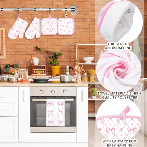 Teenyyou 8 Pcs Pink Bows Kitchen Towels Pot Holders and Oven Mitt Set Coquette Kitchen Accessories 4 Dish Towels 2 Absorbent Square Potholders 2 Heat Resistant Glove for Cooking Baking Home Gifting - style: Bow