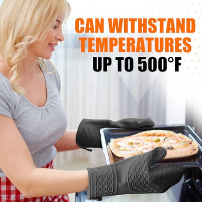 Silicone Oven Mitts, Heat Resistant 2PCS Oven Mitts with Soft Cotton Lining, Waterproof Non-Slip Grip Oven Glove, Kitchen Potholder Mits for BBQ, Baking, Cooking, 12.5 Inch - Black - color: Black