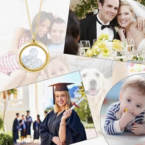 4pcs Photo Locket Charms Necklace Round Stainless Steel Locket Pendants Crystal Double-Sided Picture Frame Memory Locket Charm with 17.7inch Chain for Wedding Jewellery Making Photo - color: Silver and Gold