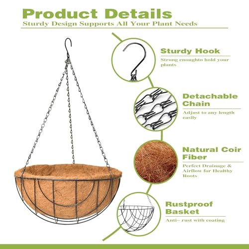 4 Pack 14 Inch Hanging Baskets for Plants Outdoor Metal Hanging Planter Hanging Flower Baskets with Coco Fiber Liners Chain Round Wire Plant Holder Hanging Flower Pots - size: 14 Inch, style: Flower Border