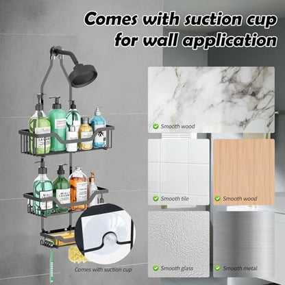 Shower Caddy Hanging, Rustproof Shower Organizer with Soap Basket and 12 Hooks, Large Capacity Anti-Swing Bathroom Organizer, Black