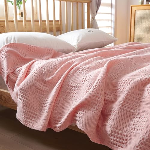 LGYKUMEG 100% Cotton Waffle Knit Blanket,Lightweight,Breathable and Soft, Waffle Weave Blanket for Bed and Couch,Pink, 180 x 200 cm / 71 x 79 inch - color: Pink, size: Twin 71x79 inch
