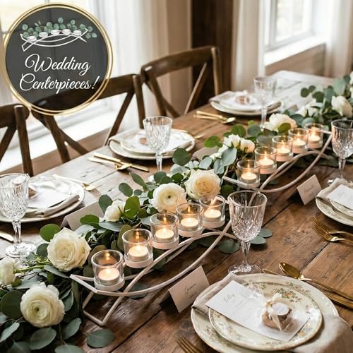 Table Centerpieces for Dining Room, Tealight Candle Holder, White | Wedding Votive Candle Holders, Wrought Iron 5 Cup Candelabra, Long Modern Coffee Table, White, Clear Glass Cups, 17in Long - color: White, size: 5 Cup