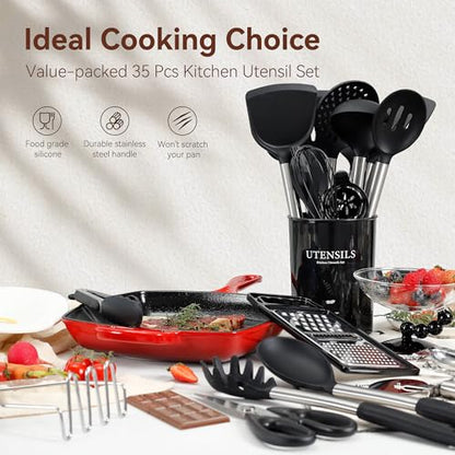 NCUE 35 Pcs Silicone Cooking Utensils Set BPA Free 446°F Heat Resistant | Stainless Steel Handles Kitchen Utensils Set, Thickened Heads Silicone Grips Nonstick Dishwasher Safe for Baking Housewarming - color: Black