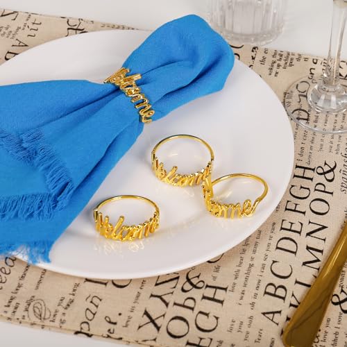 wonlex Gold Napkin Rings Set of 12, Modern Themed Napkin Ring Buckles Simple Alphabet Napkin Rings Serviette Napkin Holder for Family Gatherings Dinner Engagement Party Banquet Table Decor(Welcome) - style: Welcome