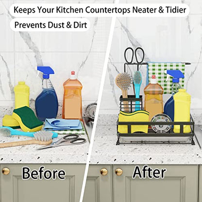 Kitchen Sink Organizer with Brush Rack - Sink Caddy with Drain-Pan | Stainless Steel Sponge Holder for Kitchen Sink with Towel Rack, Organizer for Dish Soap Dispenser, 10.5"L × 5.9"W × 10.5"H