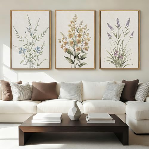 Anyzal Botanical Floral Framed Wall Art Large 16x24 Inch Modern Neutral Wildflower Canvas Art Prints Beige Cream Flower Wall Decor for Living Room Bedroom Dining Room Set of 3 - color: Beige Botanical, size: 24"L x 16"W