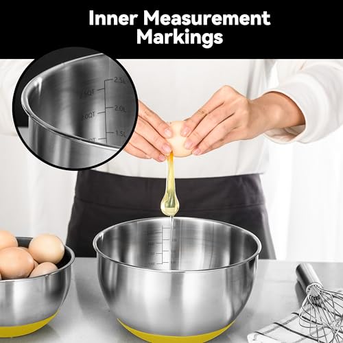KITEISCAT Stainless Steel Mixing Bowls with Lids – Set of 5 Large Nesting Metal Bowls for Kitchen, Baking, Cooking, Food Prep & Storage, Non-Slip Base, Dishwasher Safe,Yellow - color: Yellow